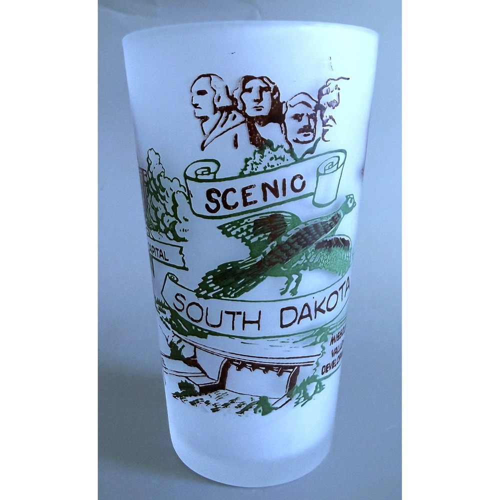 South Dakota Vtg 1960s State Landmarks Frosted Glass Tumbler Enamel Paint 5"